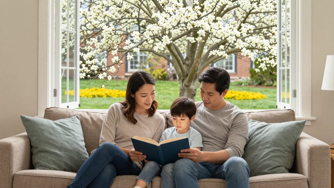 Family reading indoors during Maryland spring pollen season with the windows open