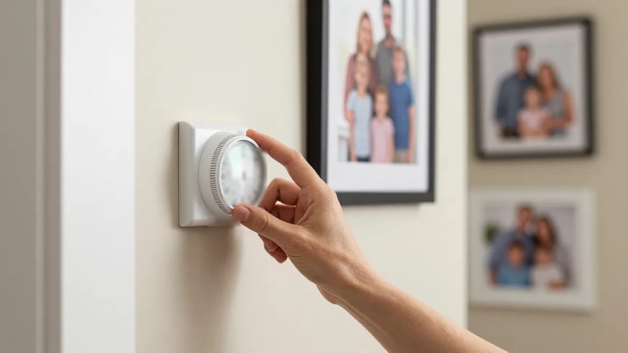 Homeowner adjusting a hallway thermostat dial in a Maryland home