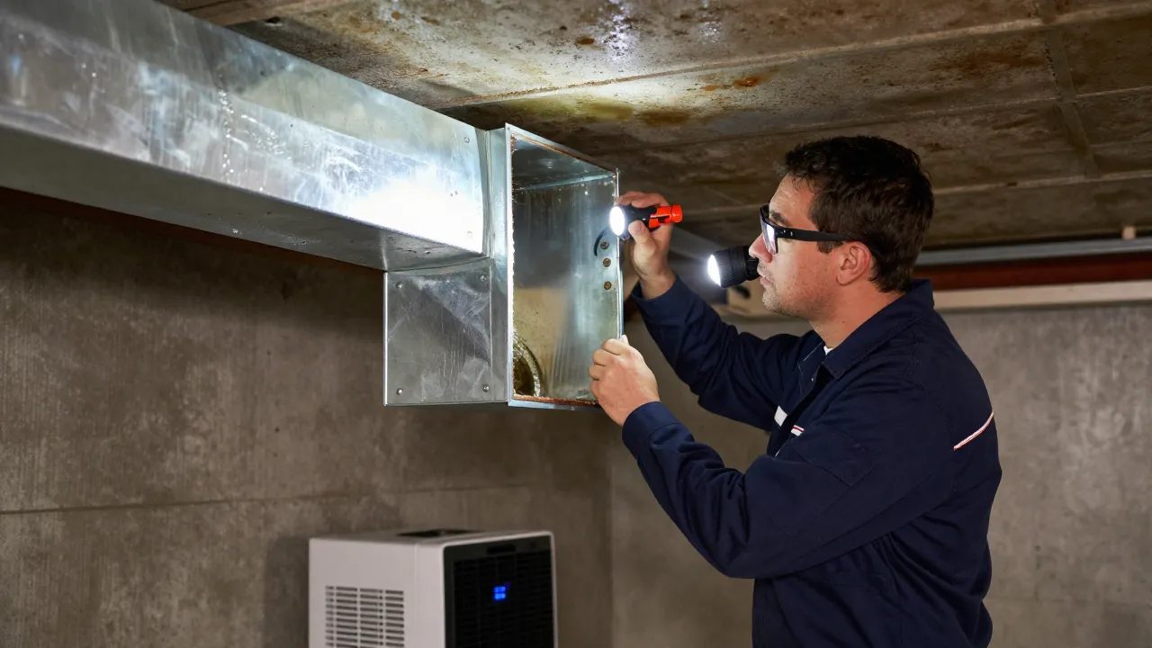 Technician inspecting a damp basement duct joint for moisture and spotting in a Maryland home
