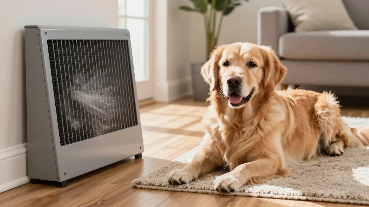 Golden retriever beside a return-air grille clogged with pet hair in a Maryland home