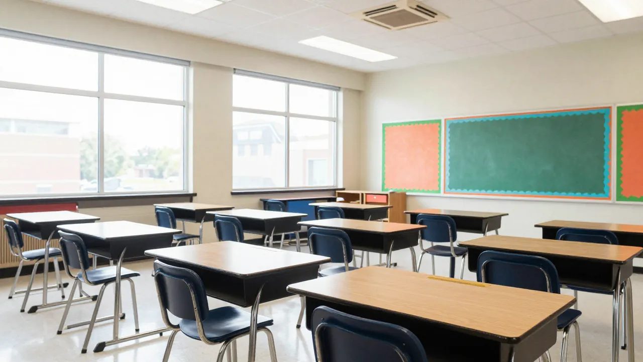 Empty Maryland elementary classroom with a ceiling HVAC diffuser
