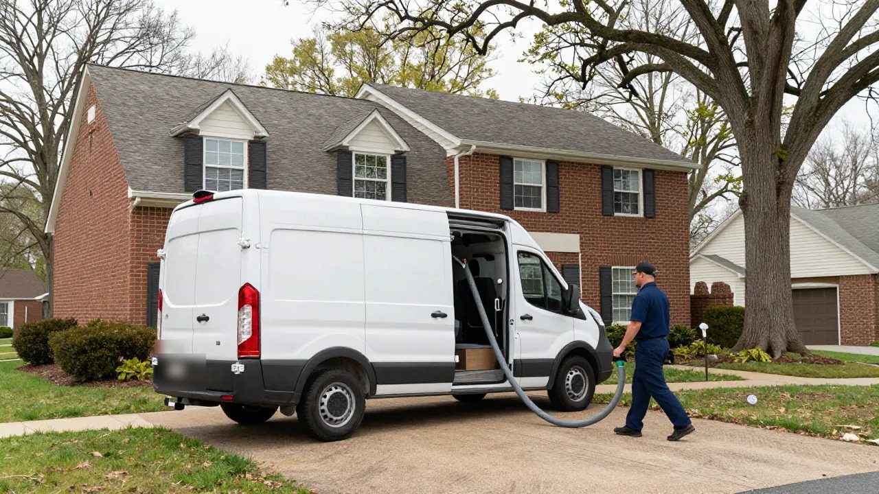 Duct cleaning van and vacuum hose on a two-story colonial in College Park, MD — Eagle Air Duct Cleaning