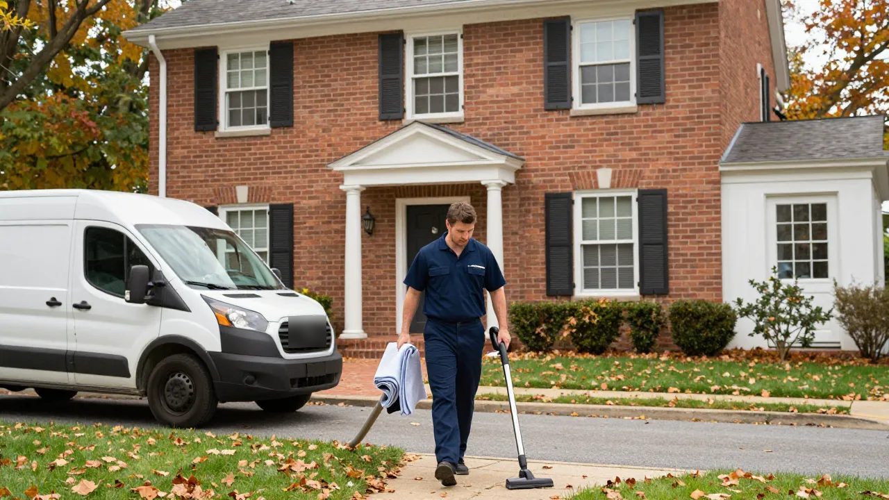 Duct cleaning arrival on a brick colonial in Mitchellville, MD — Eagle Air Duct Cleaning