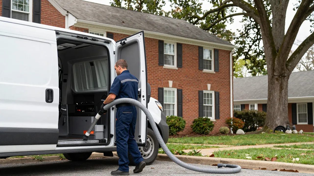 Air duct cleaning setup on a brick colonial in Olney, MD — Eagle Air Duct Cleaning