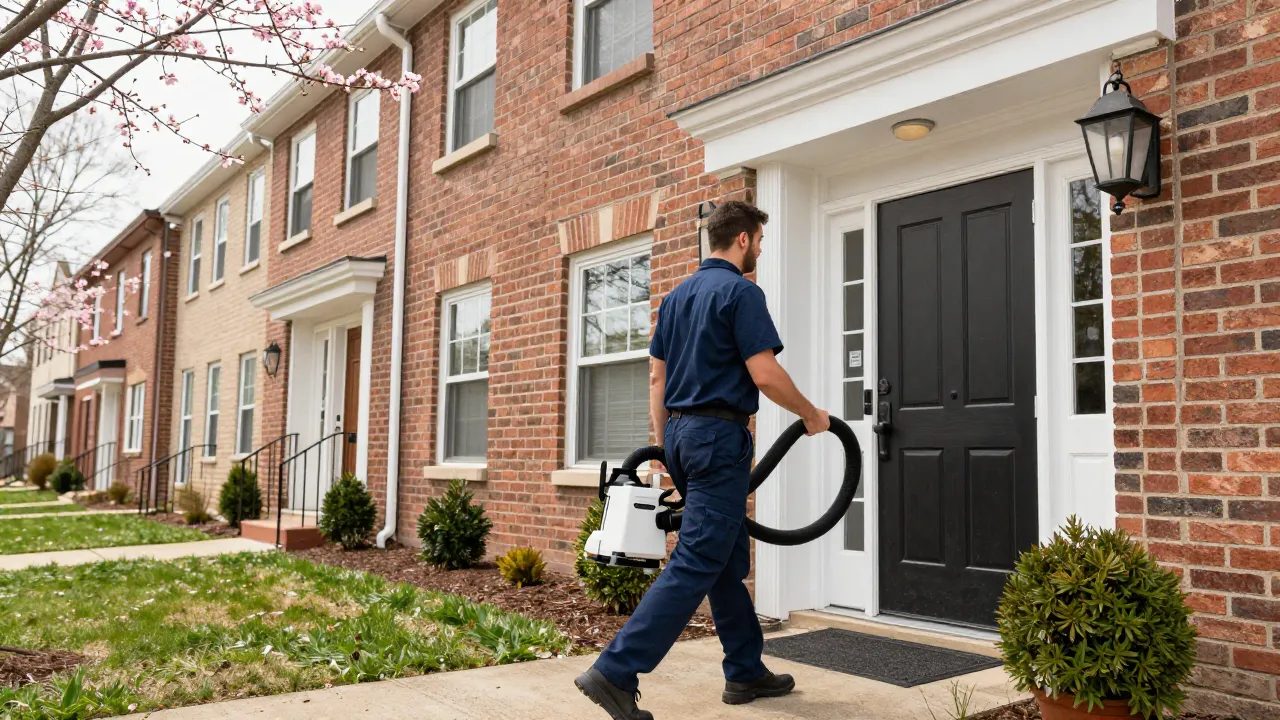 Negative-air duct cleaning arrival on a brick-front townhouse in Oxon Hill, MD — Eagle Air Duct Cleaning