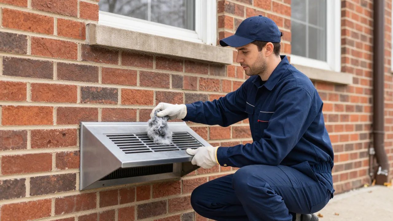 Dryer vent lint removal at the exterior vent hood of a Maryland brick townhouse